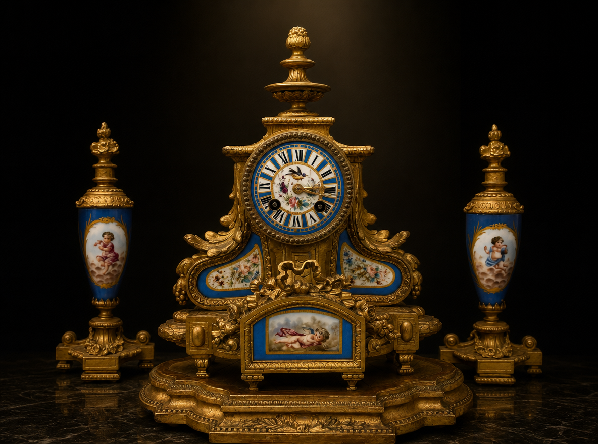 French Sevres and Ormolu Clock Garniture